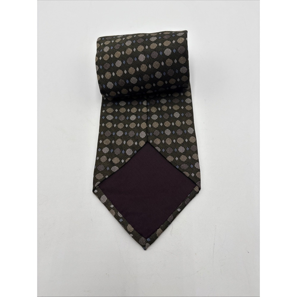 Milano Uomo 100% Imported Silk Tie Made In USA Green W/Brown Dots Classic Length - Picture 6 of 8
